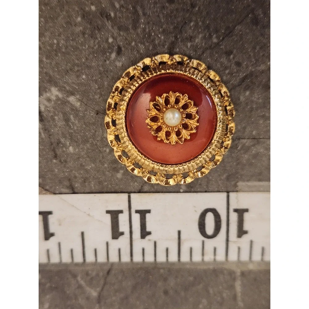 Sarah Coventry Brooch Gold Tone Orange Stone Faux Carnelian Pearl Jewelry‎ VTG
